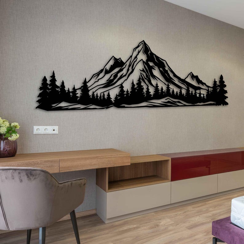 Metal Wall Art With Pine Trees and Mountain, Forest Scene With Rocky ...