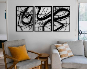 Abstract Lines Metal Wall Art, Mid Century Metal Line Art, 3 Piece Metal Wall Decor, Contemporary Metal Wall Sculpture, Modern Decoration