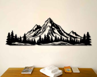 Mountain and Trees Metal Wall Art, Pine Trees and Mountain Range Metal Wall Decor, Large Mountain Scene Above Forest Metal Wall Sculpture