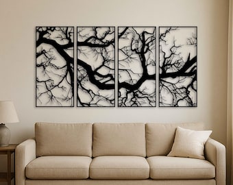 Tree Branch Metal Wall Art, Dry Tree 4 Panel Set, Large Modern Nature Decor