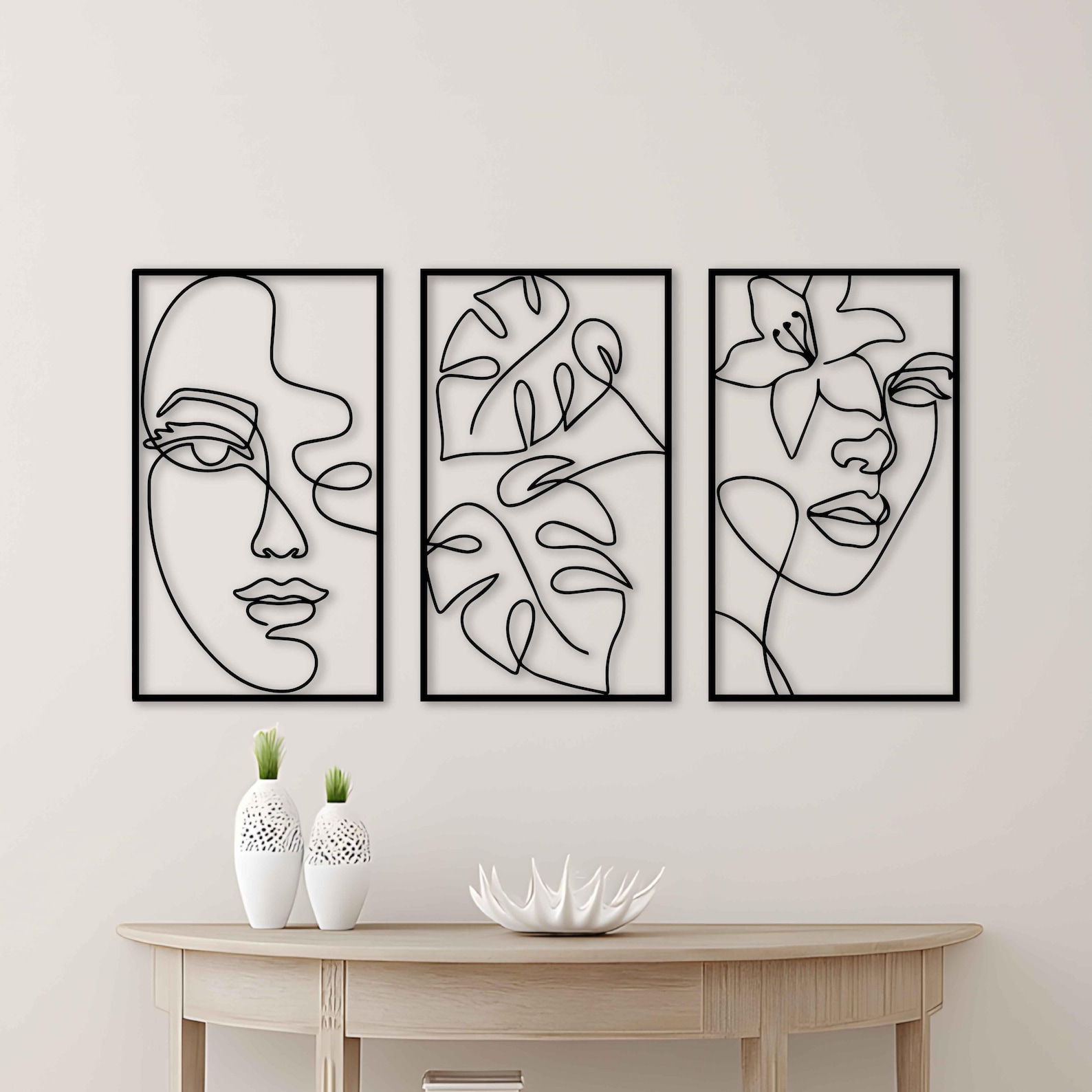Woman Face Line Art, Metal Wall Decor, Minimalist Floral Set - Etsy