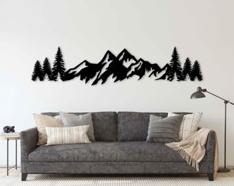 Mountain Metal Wall Art, Pine Trees and Hills Metal Decor, Mountain and Forest Metal Wall Decor, Horizontal Nature Metal Wall Sculpture