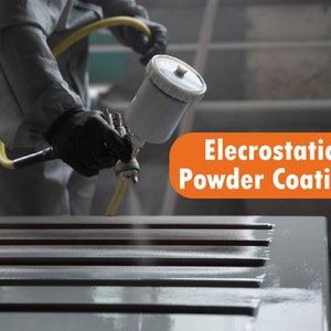 May include: A worker wearing a white protective suit uses an electrostatic powder coating gun to apply a grey powder coating to a metal surface. The text "Electrostatic Powder Coating" is visible in the image.