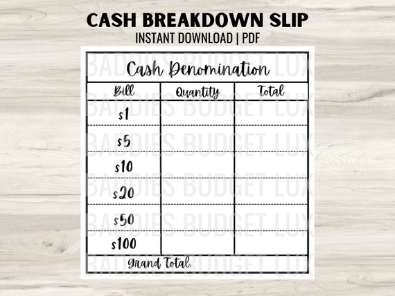 Printable Teller Slip PDF Cash Denomination Cash Envelope | Etsy