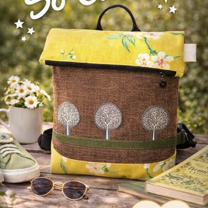 Handmade Canvas Backpack, Tree Applique Floral Rucksack, Boho Nature Daypack