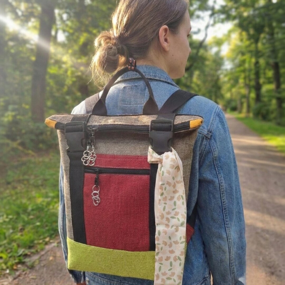 Abc Handmade Rucksack Handmade Roll-top Backpack, Gray & Red Artisan Design. for Work, School ...