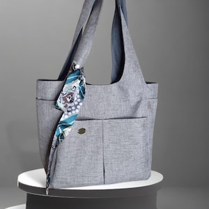 Women&#39;s Gray Handmade Tote Bag, Shoulder Bag, Large capacity Shopping bag ,Canvas bag.