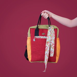 red Fabric Handmade Backpack for Women&#39;s, Style Bag with Pockets outside and inside, Colorful backpack, vegan bag ,High-tech Large Backpack