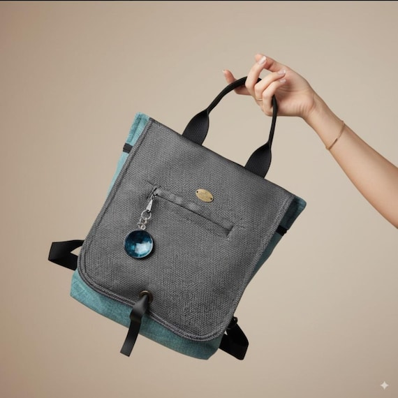 Handmade Canvas Backpack, Gray & Turquoise, Minimalist  display picture 2