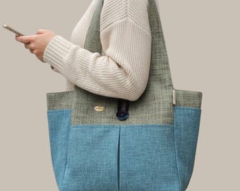 Sac fourre-tout en toile fait main, sac à bandoulière multipoches avec porte-bouteille, fermeture à bouton