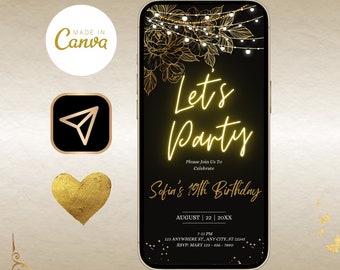 Digital Party e-invite Template, Neon Gold Light Template,Birthday Text Message Invite Digital Download Phone Party Black Neon Gold Template