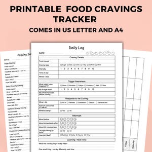 May include: Printable food cravings tracker in US Letter and A4 sizes. The tracker includes sections for daily logs, craving details, trigger awareness, and responses. It helps track food cravings, including sugar, salty, carbs, and more.