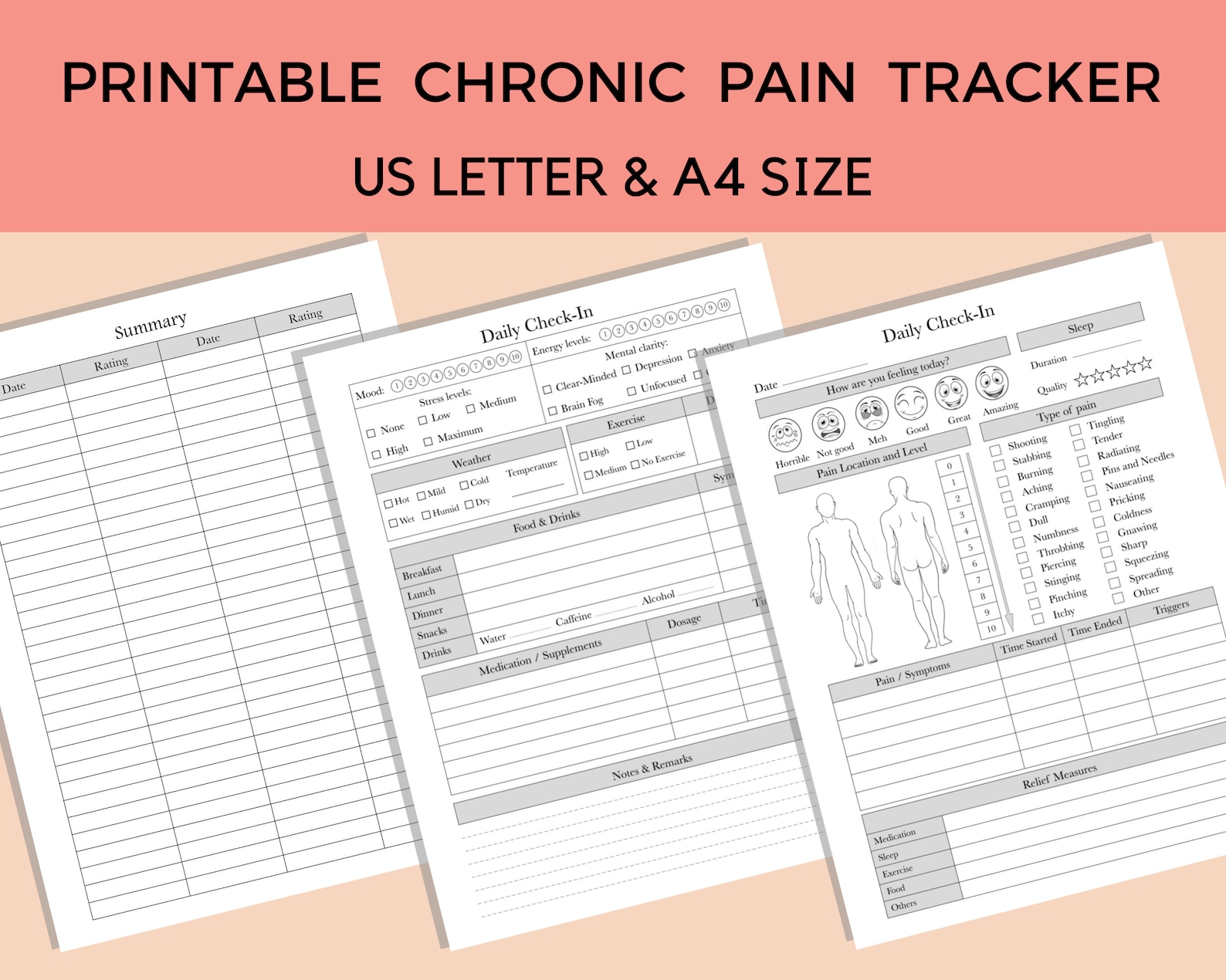 Printable Chronic Pain Tracker, Daily Pain Journal, Pain Log Printable Chronic Pain Tracker, Daily Pain Journal, Pain Log