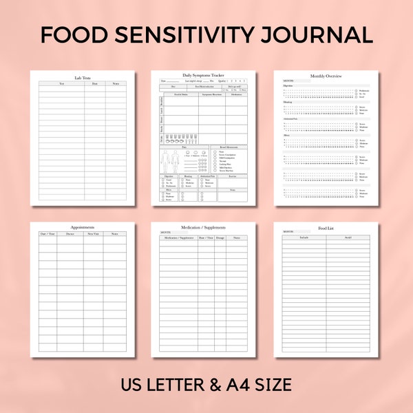 Printable Food Sensitivity Journal, Food Symptoms Tracker, IBS, US Letter Size and A4