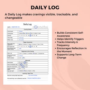 May include: A pink and white "Daily Log" sheet with a detailed layout for tracking cravings. The log includes sections for food, intensity, triggers, and mood. Text on the right side lists benefits like self-awareness and long-term change.