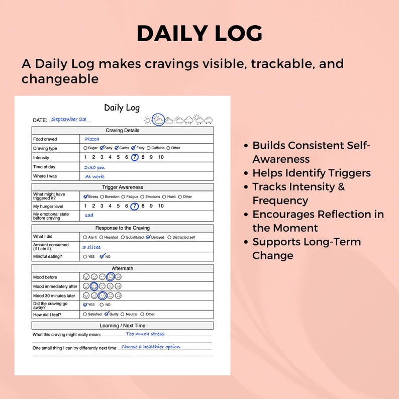 May include: A pink and white "Daily Log" sheet with a detailed layout for tracking cravings. The log includes sections for food, intensity, triggers, and mood. Text on the right side lists benefits like self-awareness and long-term change.