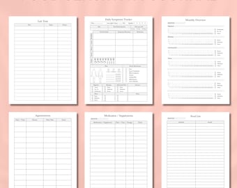 May include: A black and white printable food sensitivity journal with sections for lab tests, daily symptoms, monthly overview, appointments, medication and supplements, and a food list.