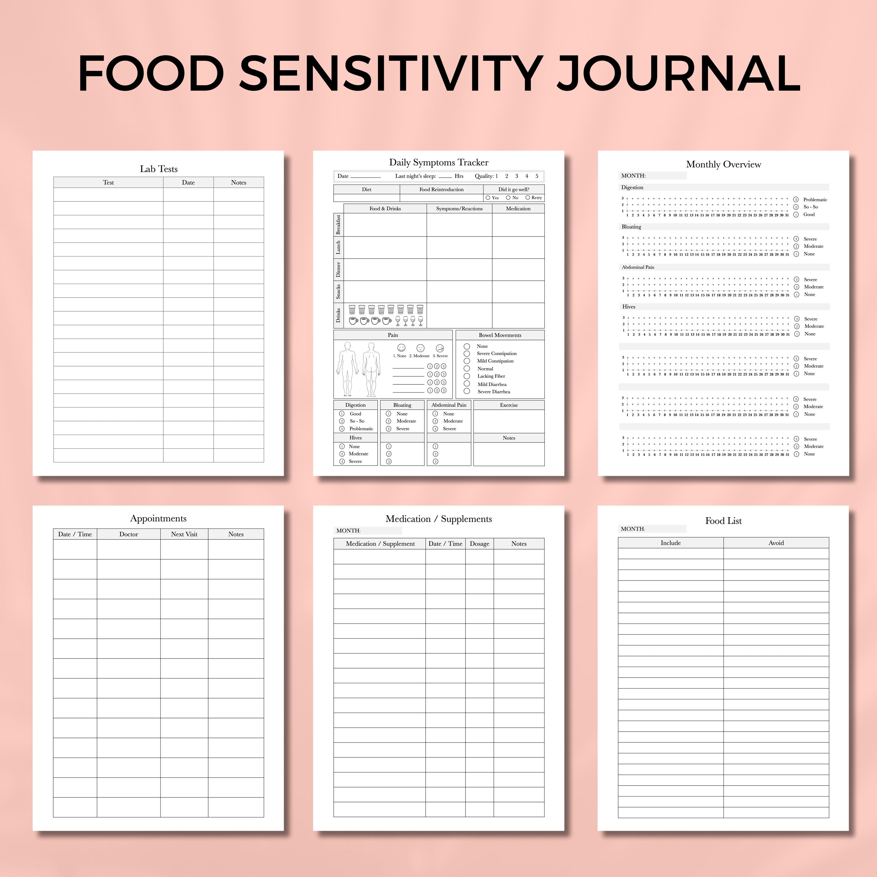 Journal imprimable de sensibilité alimentaire, Suivi des symptômes alimentaires, IBS, Journal alimentaire pour femme, Habitudes alimentaires, Journal