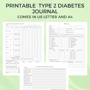 May include: Printable Type 2 Diabetes Journal in US Letter and A4 sizes. The journal includes daily food and macronutrients tracker, daily log, blood sugar levels, blood pressure, weight, and a routine tracker.