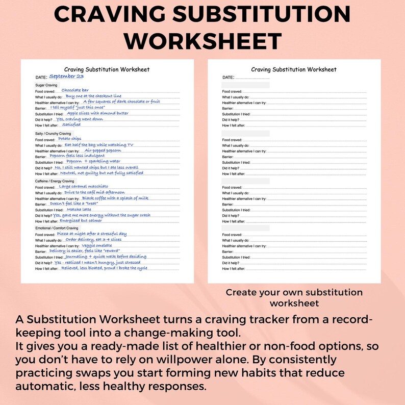 May include: Two white worksheets titled "Craving Substitution Worksheet" with handwritten notes. The worksheets are designed to track cravings and healthier alternatives. Text at the bottom reads: "Create your own substitution worksheet."