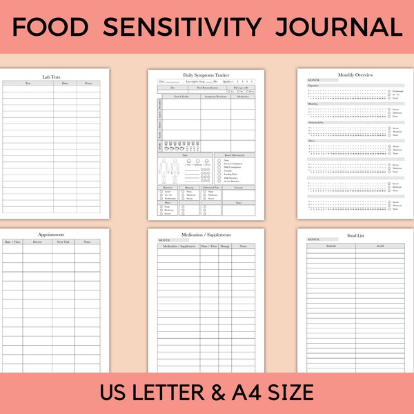 Printable Food Sensitivity Journal, Food Symptoms Tracker, IBS, US Letter Size and A4