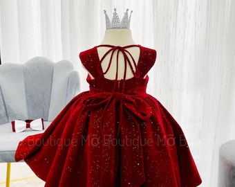Red Velvet Baby Dress, Fluffy Christmas Dress, Handmade