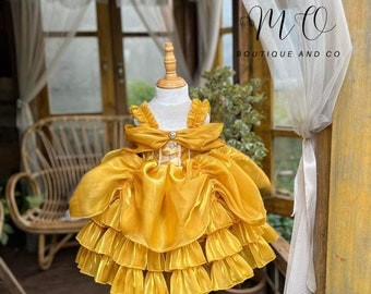 May include: A yellow, multi-layered tulle dress with a satin bodice and a decorative button. The dress is on a mannequin and is displayed in a wooden frame.