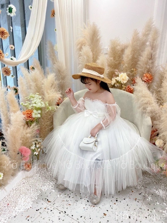 Handmade White Mesh Flower Girl Dress, Special Occasion Gown