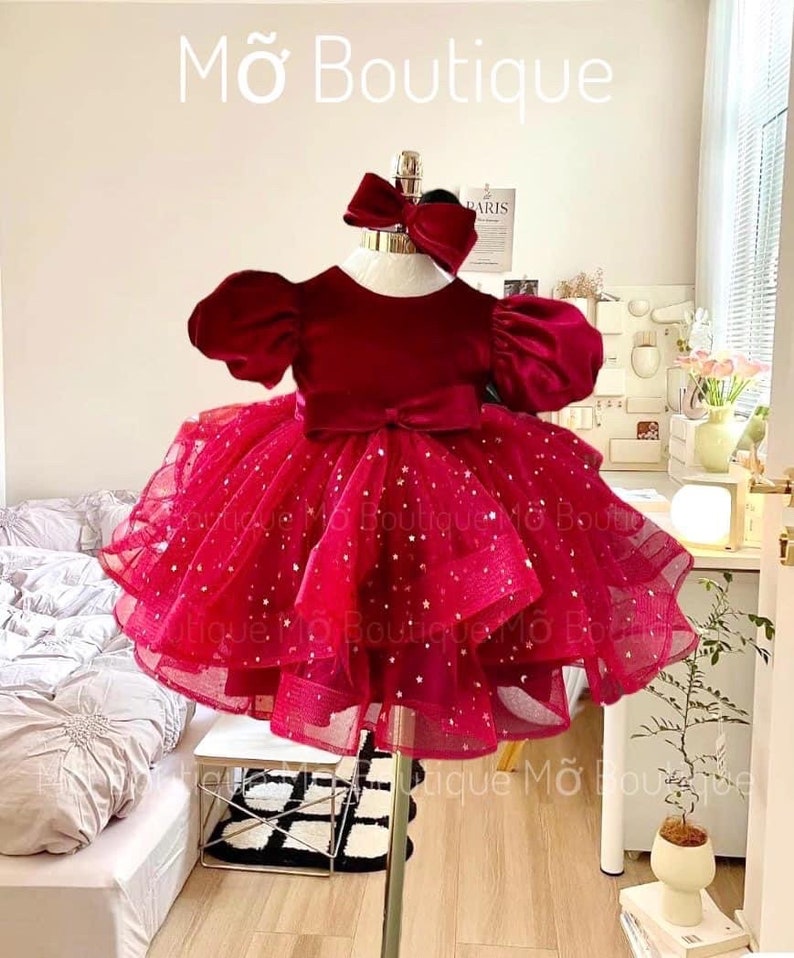 Christmas Girl, Luxury Velvet Christmas Kid Dress, Elegant Baby Red