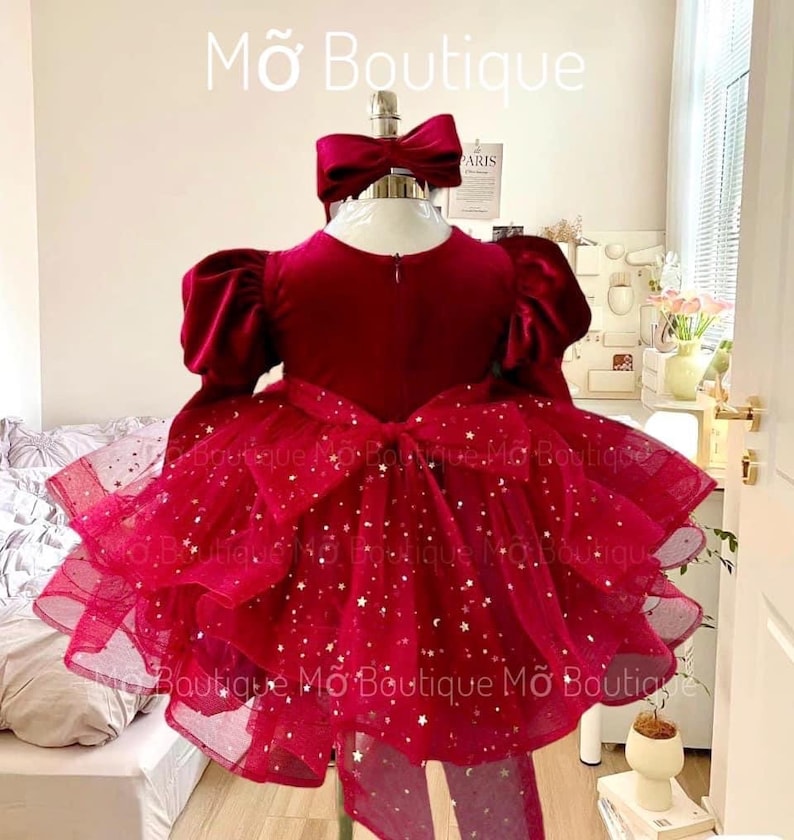 Christmas Girl, Luxury Velvet Christmas Kid Dress, Elegant Baby Red