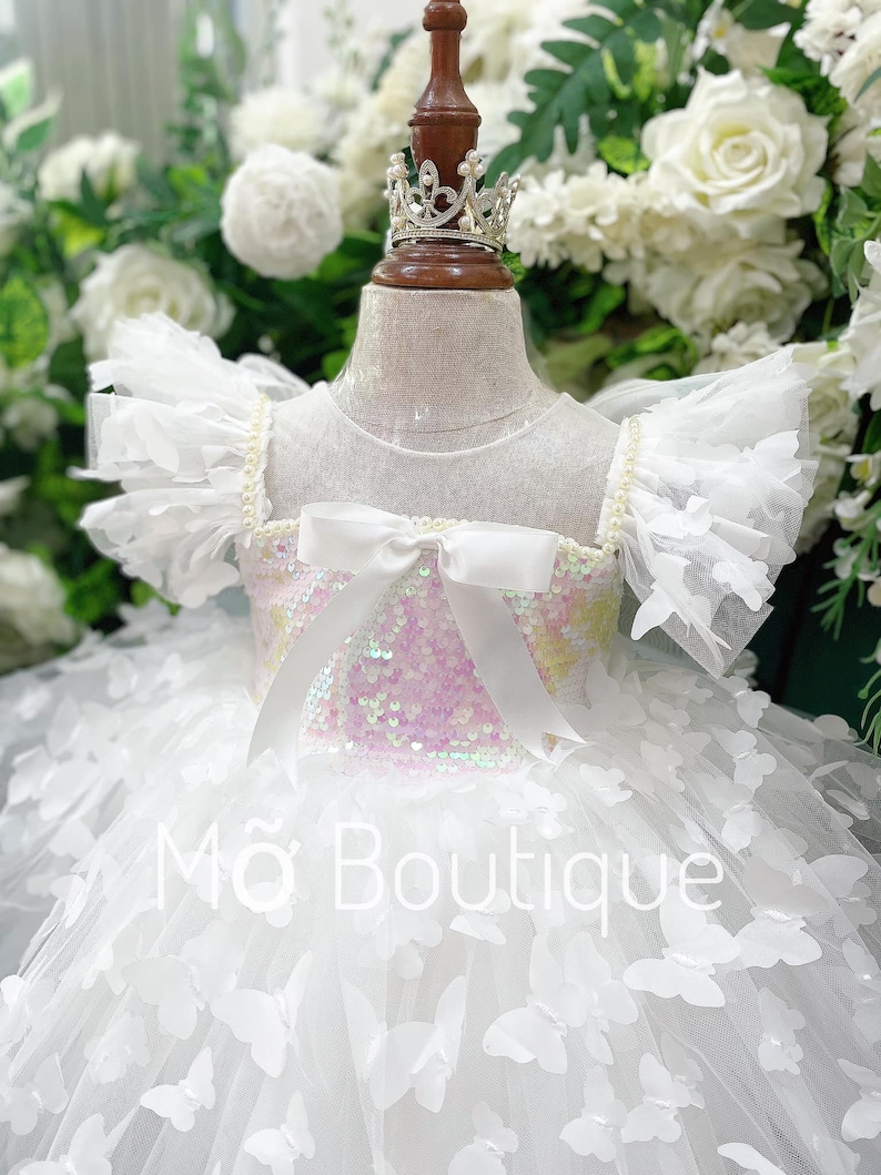 Illusion Butterfly Applique Tulle Long Flower Girl Dress Blue