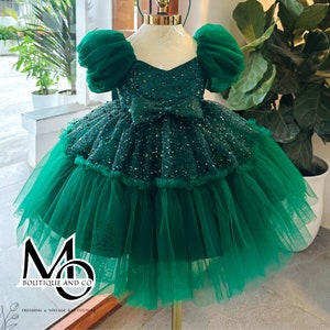 Luxury Shiny Stars Puff Sleeves Kid Sequin Green St Patrick’s Dress, 1st Birthday Baby toddler Girl Dress, Green Flower Girl Dress