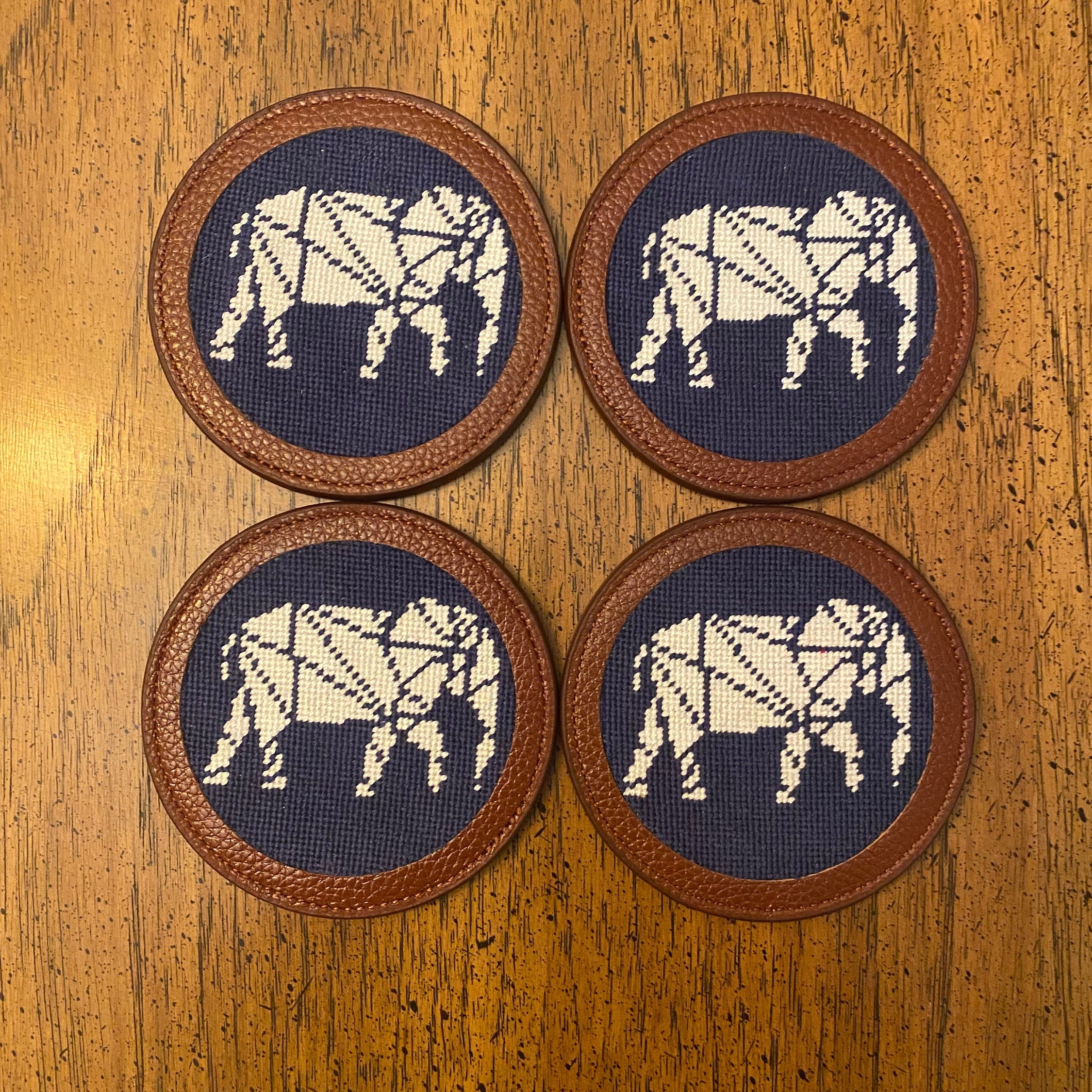 Custom Needlepoint Coasters (Set of 4) | 100% Hand-Stitched + Cowhide Leather Trim & Backing