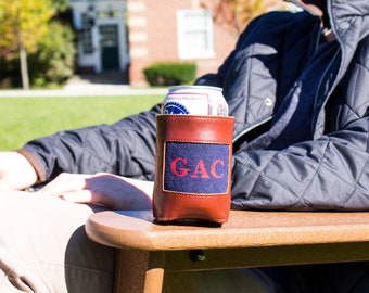 Custom Needlepoint Can Cooler | 100% Hand-Stitched + Leather Sleeve Can Cooler | Monogram Beer Sleeve | 10-12 Week Lead Time