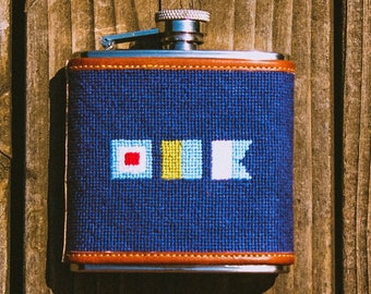 Custom Needlepoint Flasks | 100% Hand-Stitched | Stainless Steel | Cowhide Leather Trim | Monogram Flask | Groomsmen Gift | Gift for Dad