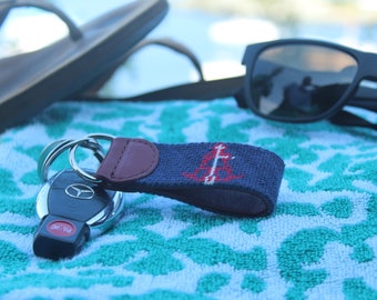Custom Needlepoint Key Fob | 100% Hand-Stitched + Cowhide Leather Trim | Preppy Gift | Key Ring | Key Chain | Personalized | Monogram