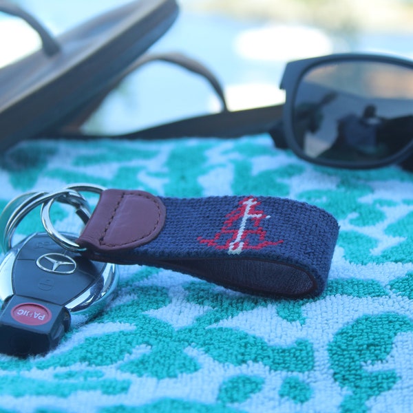 Custom Needlepoint Key Fob | 100% Hand-Stitched + Cowhide Leather Trim | Preppy Gift | Key Ring | Key Chain | Personalized | Monogram