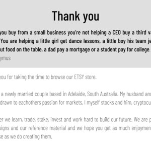 Może przedstawiać: Tekst na jasnoszarym tle z napisem "Dziękuję". Tekst kontynuuje się z przesłaniem o wspieraniu małych firm, a następnie podziękowaniem za przeglądanie sklepu Etsy i opisem właścicieli sklepu.