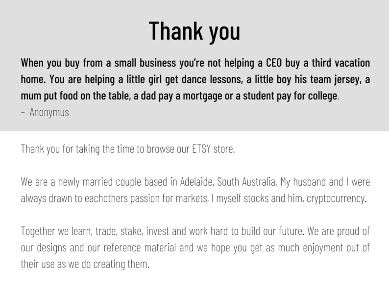 Może przedstawiać: Tekst na jasnoszarym tle z napisem "Dziękuję". Tekst kontynuuje się z przesłaniem o wspieraniu małych firm, a następnie podziękowaniem za przeglądanie sklepu Etsy i opisem właścicieli sklepu.
