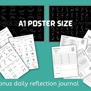 May include: A collection of trading resources, including an A1 poster with technical chart patterns and several sheets with trading logbooks and a daily reflection journal. The poster has the text "TECHNICAL CHART PATTERNS A1 POSTER SIZE".