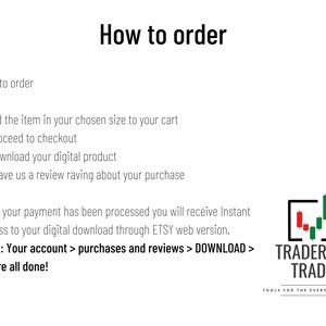 May include: White background with the text "How to order" and instructions for purchasing a digital product. The steps include adding the item to the cart, proceeding to checkout, downloading the product, and leaving a review. The Trader By Trade logo is in the bottom right.