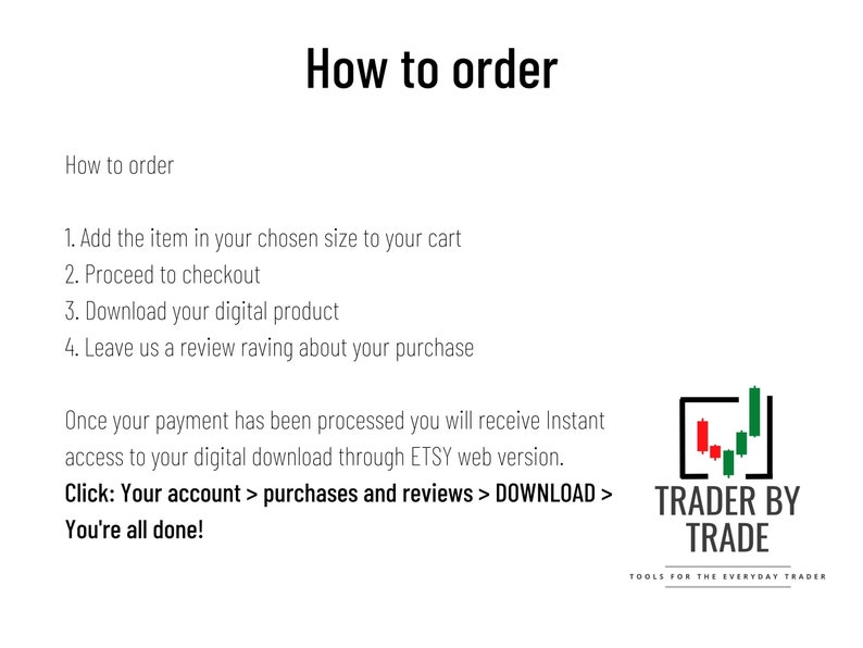 May include: White background with the text "How to order" and instructions for purchasing a digital product. The steps include adding the item to the cart, proceeding to checkout, downloading the product, and leaving a review. The Trader By Trade logo is in the bottom right.