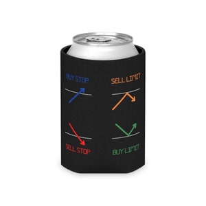May include: Black can cooler with colorful diagrams and text related to stock trading. The text includes "BUY STOP", "SELL LIMIT", "SELL STOP", and "BUY LIMIT" with corresponding arrows in blue, orange, red, and green.