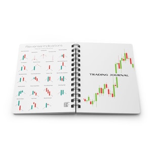 May include: A white spiral-bound notebook with the words "Trading Journal" printed on the right page. The left page displays "Reversal Indicators" with various candlestick patterns. The notebook is open, showing a green and red candlestick chart.