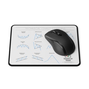 May include: A white mousepad with a black border featuring technical chart patterns and a black wireless mouse. The mousepad has the text "TECHNICAL CHART PATTERNS" and "TRADER BY TRADE".