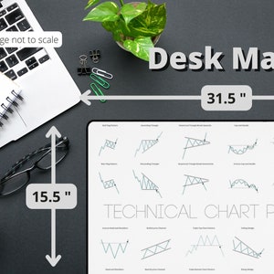 May include: A white desk mat with technical chart patterns, measuring 31.5 inches by 15.5 inches. The mat features various chart diagrams and the text "TECHNICAL CHART PATTERNS". The image includes a laptop, glasses, and a plant.