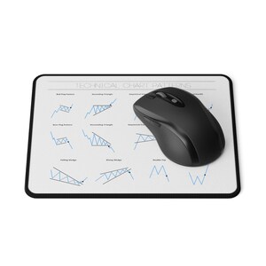 May include: A black wireless computer mouse rests on a white mousepad. The mousepad features a black border and displays blue and black technical chart patterns with the text "TECHNICAL CHART PATTERNS".