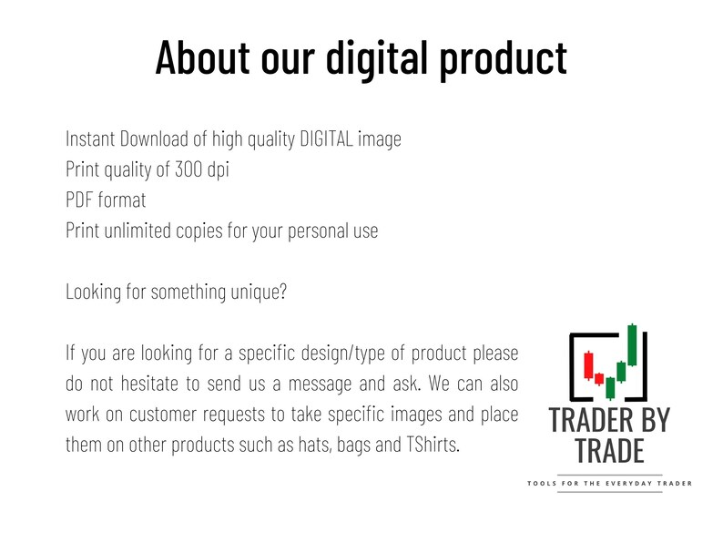 May include: White background with black text that reads "About our digital product." Text includes information about instant downloads, print quality, PDF format, and personal use. The Trader By Trade logo is in the bottom right.