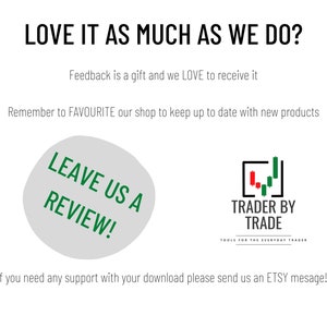 May include: White background with text: "LOVE IT AS MUCH AS WE DO?" and "LEAVE US A REVIEW!" in a green oval. The Trader By Trade logo is also present.