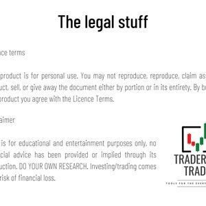 Może przedstawiać: Białe tło z tekstem "The legal stuff" na g&oacute;rze. Tekst zawiera "Licence terms" i "Disclaimer". Obraz zawiera r&oacute;wnież logo "Trader by Trade" ze sloganem "Tools for the everyday trader".